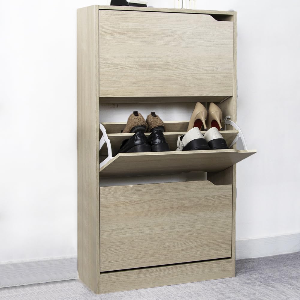 Wood Shoe Cabinet with 3 Doors, Shoe Cabinets, Retractable Handles, Double Depth, 63 x 24 x 115 cm