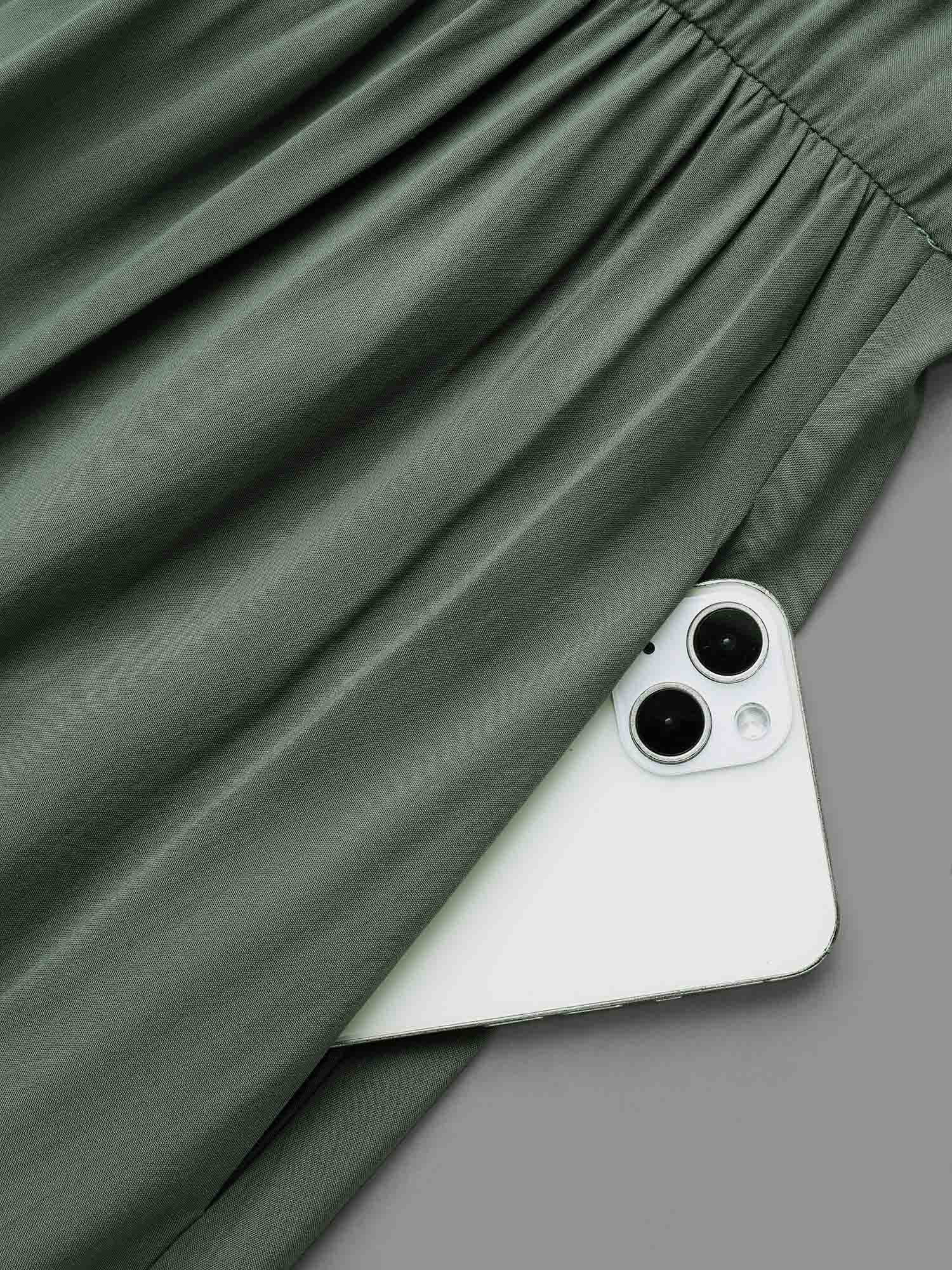 Lace Detailing Pockets V-Neck Midi Dress