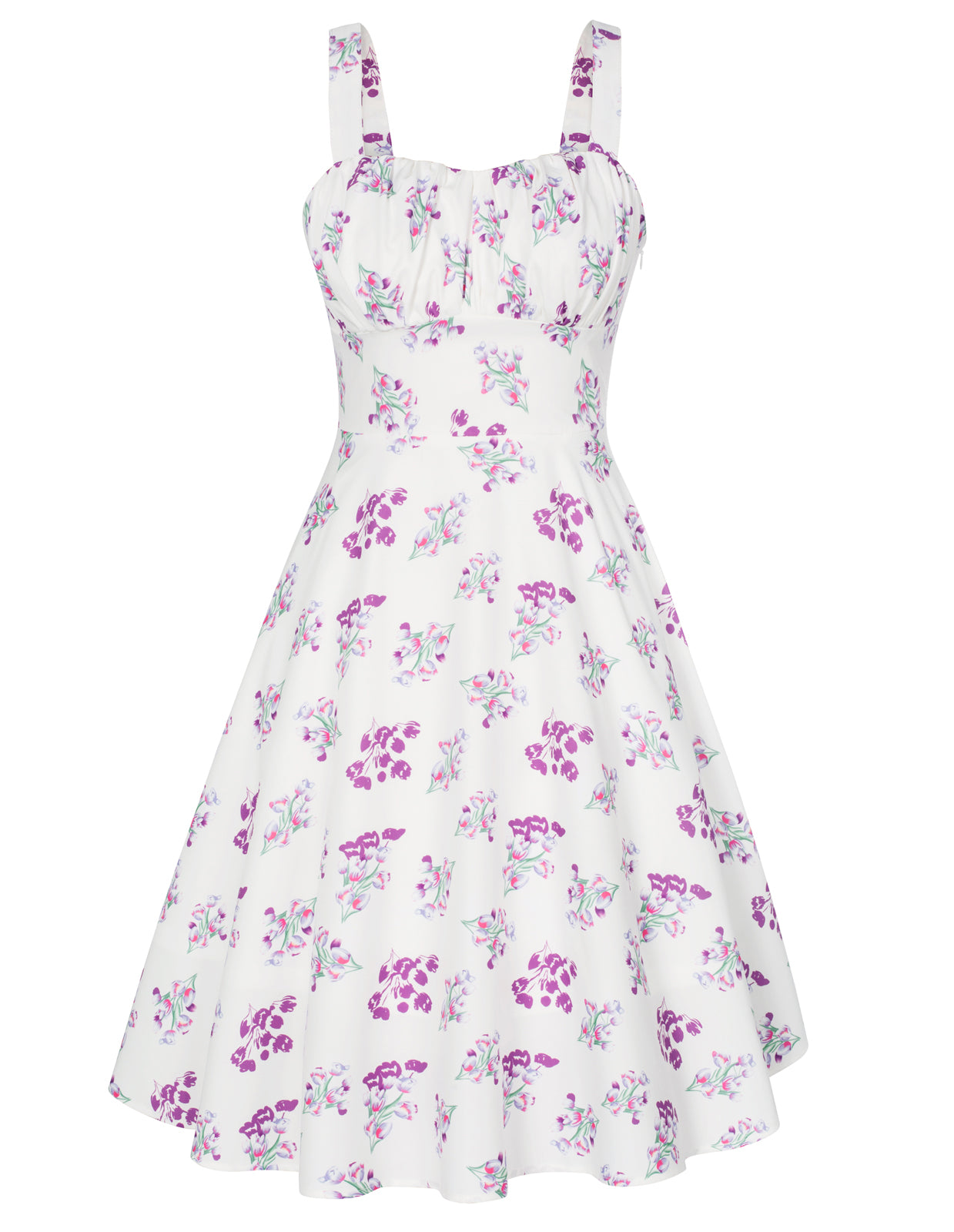 Women's Vintage Sleeveless Floral Ruched Summer Cute A-Line Flowy Swing Midi Dress