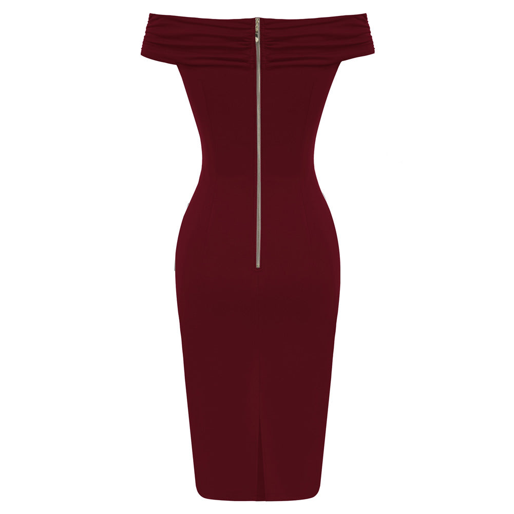 Ruched Bodycon Dress Off Shoulder Straight Neck Pencil Dress