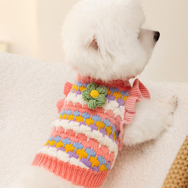 Sweet Knitted Flower Ruffled Sleeves Dog Cat Sweater