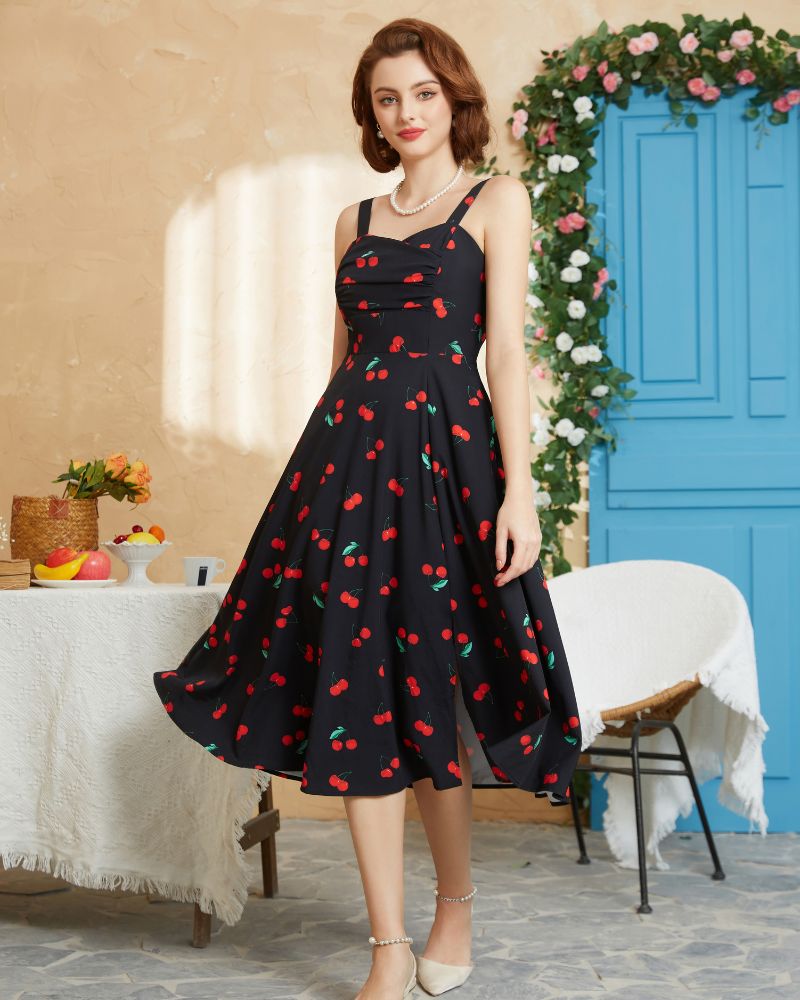 Vintage Cherry Patterns Cocktail Dress Sleeveless Spaghetti Strap Ruched Slit A Line Swing Dress with Pockets