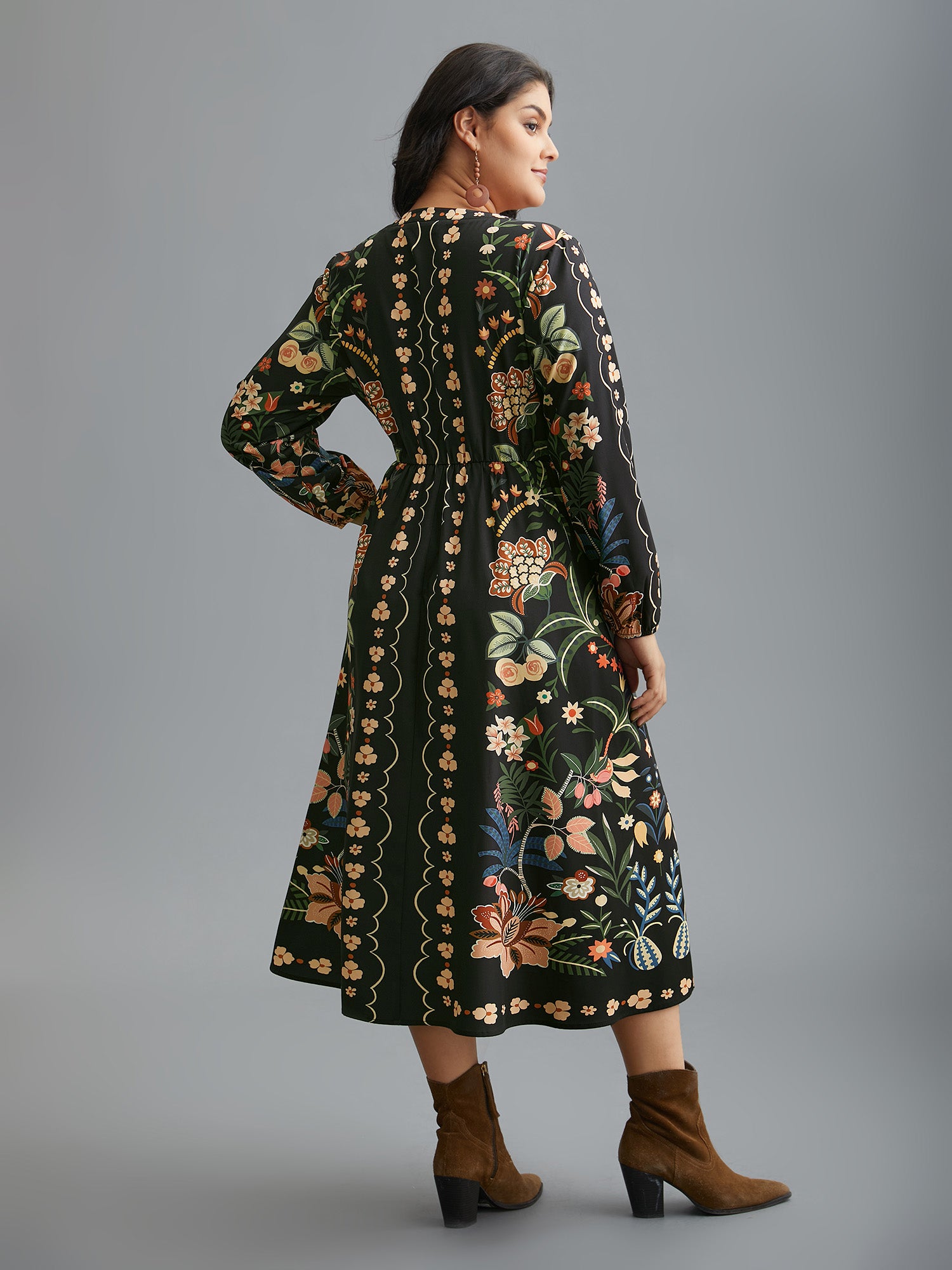 Floral Print Notched Collar Elastic Waist Dress