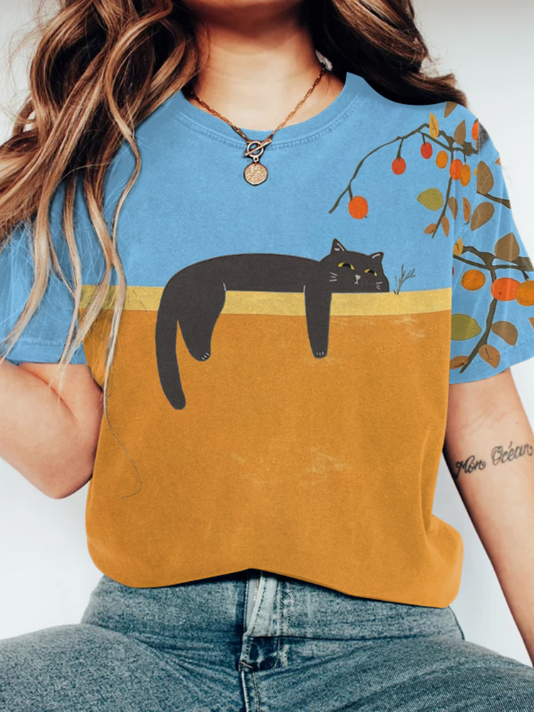 Abstract Creative Lazy Black Cat Painting Art T-Shirt