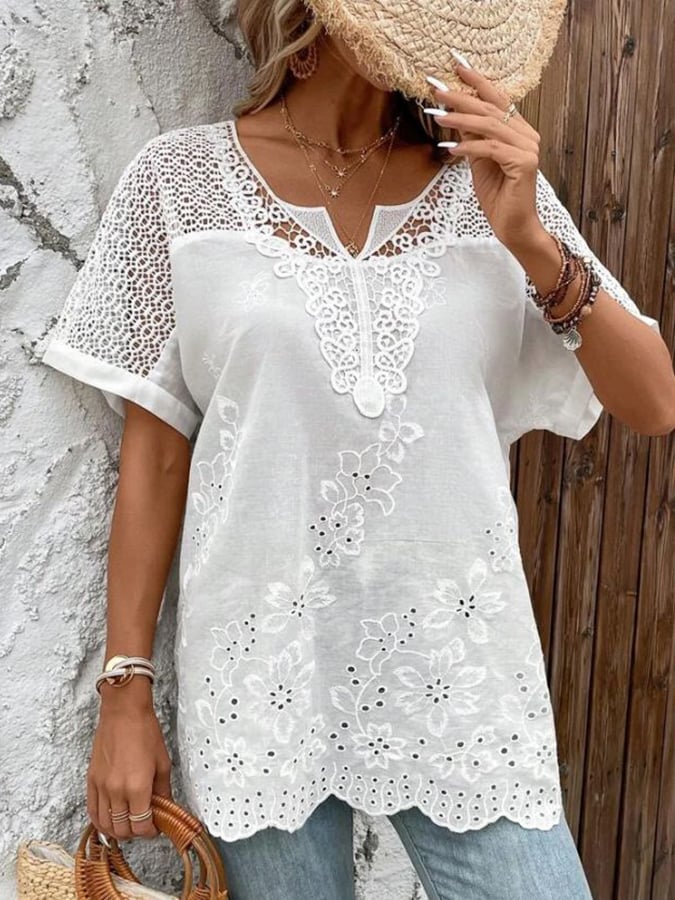 V-Neck Embroidered Hollow Bat Sleeve Shirt