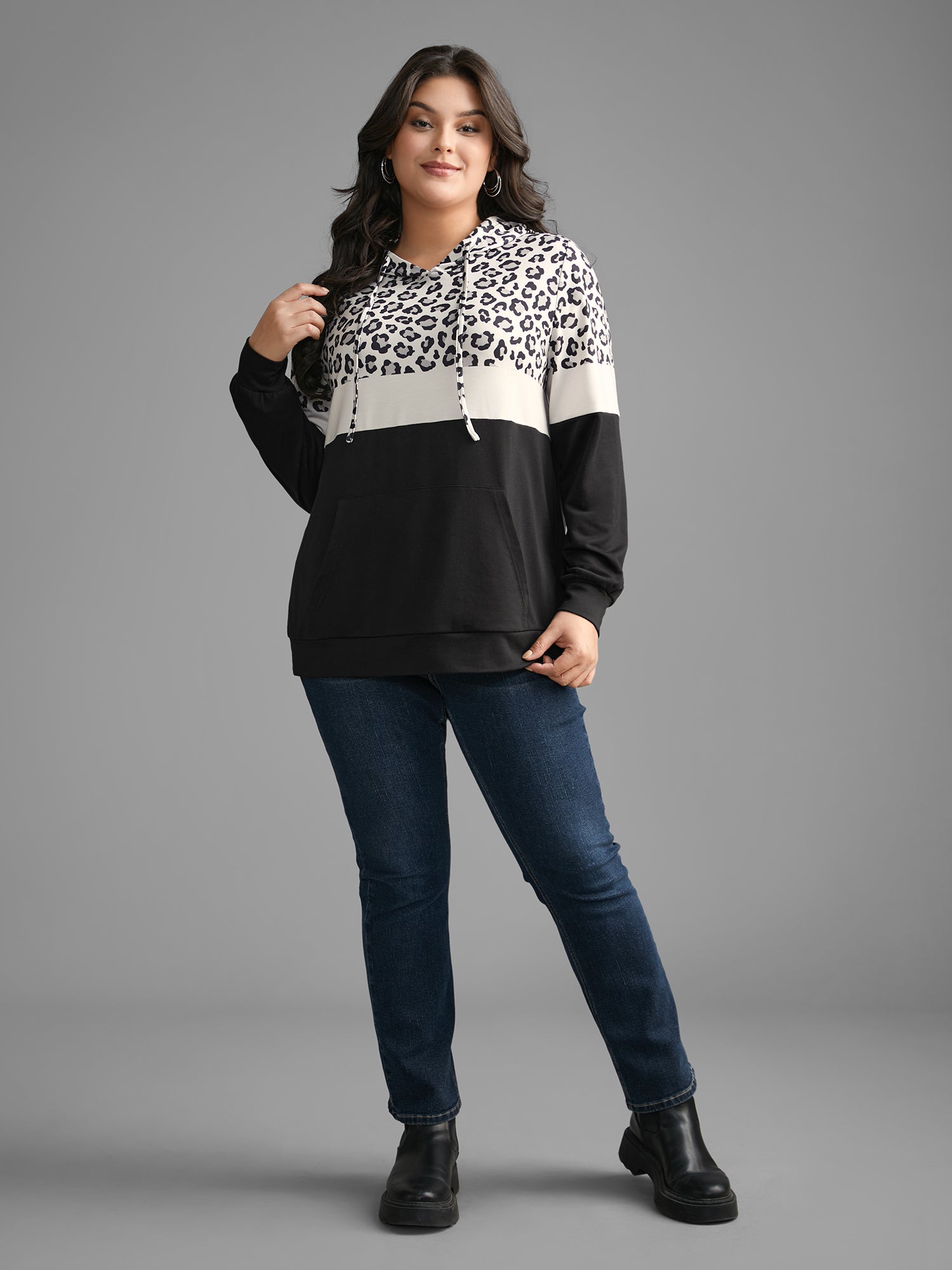 Leopard Print Patchwork Contrast Drawstring Sweatshirt