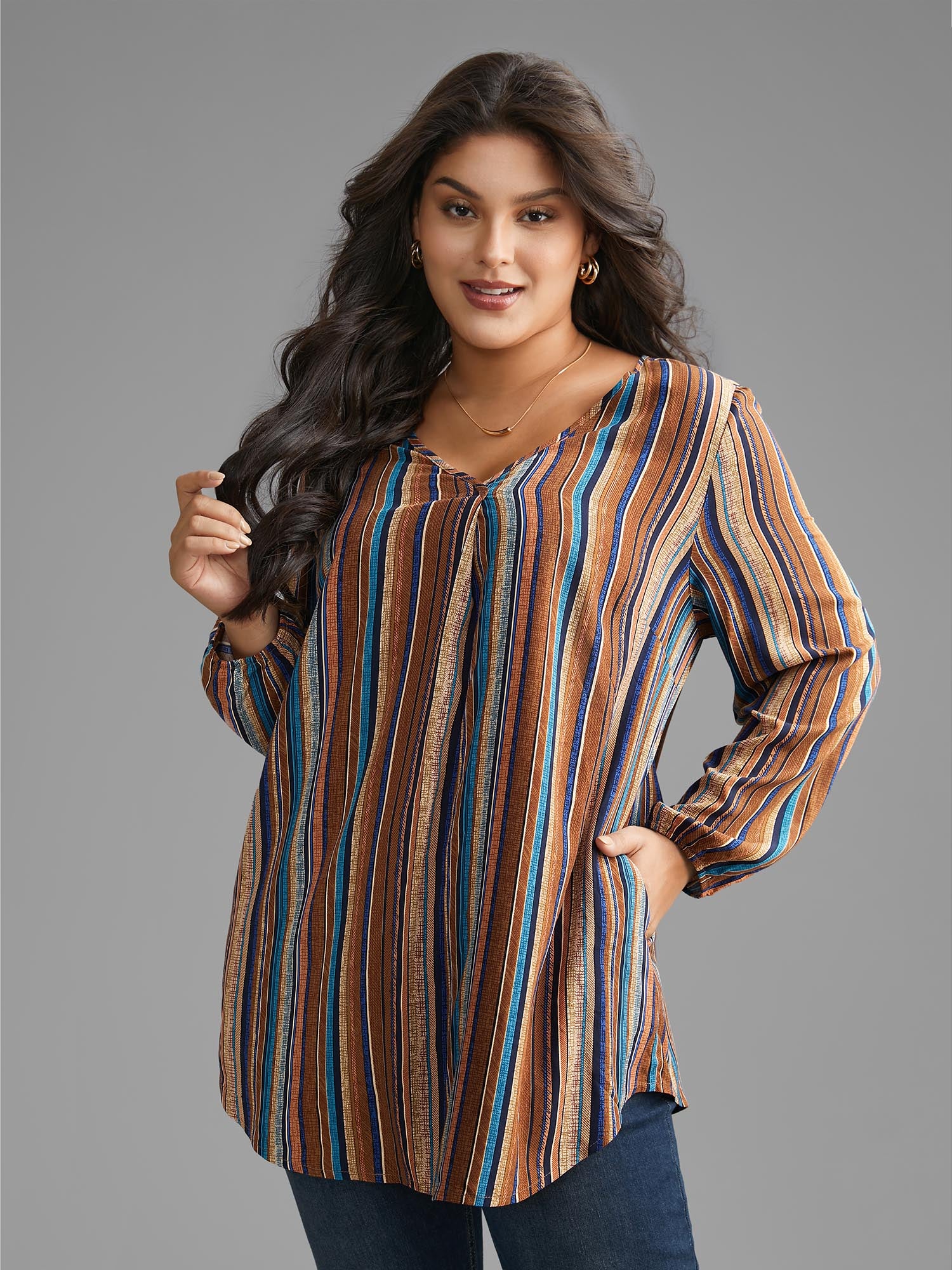 Contrast Striped Pocket Lantern Sleeve Blouse