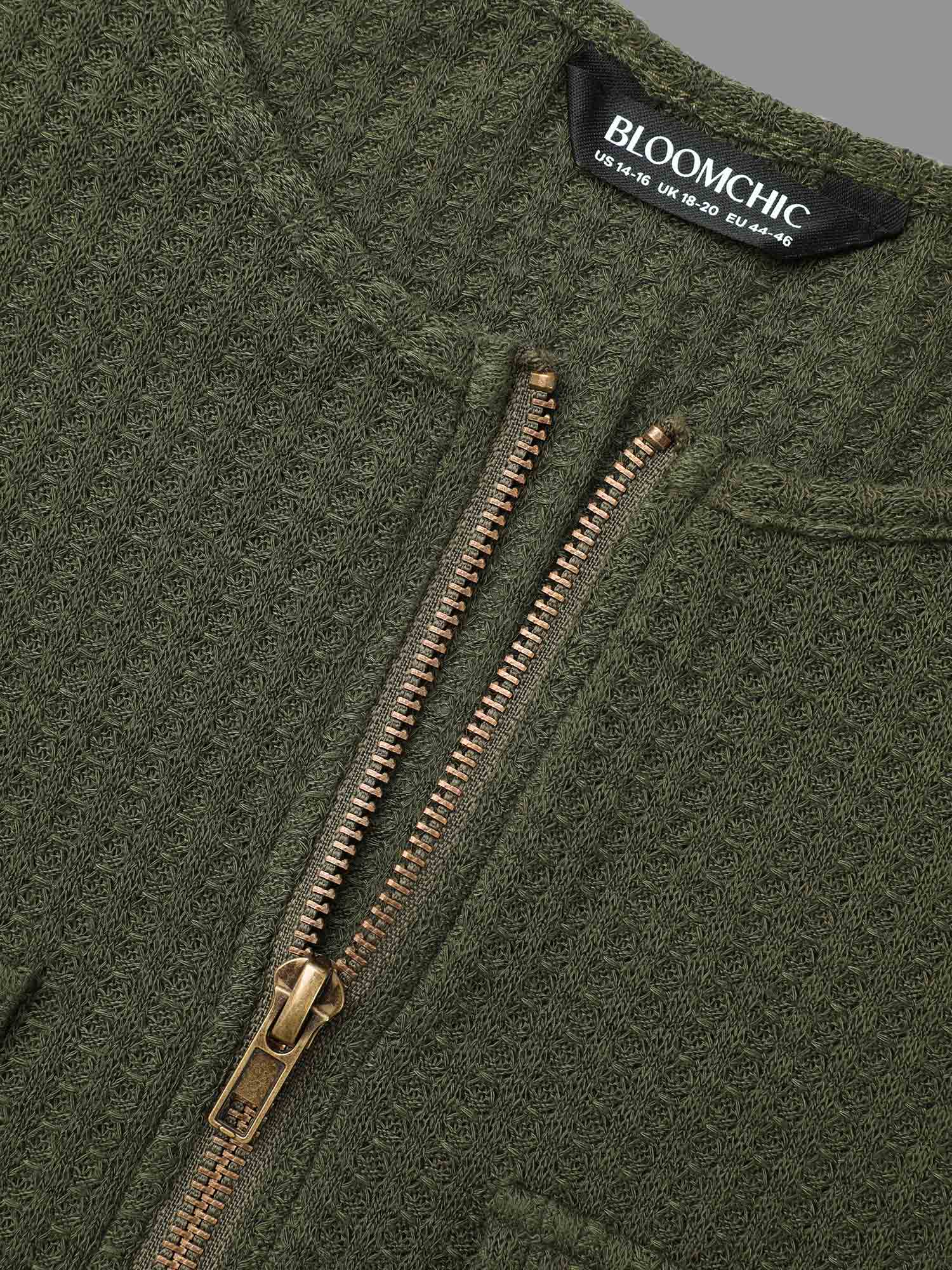 Half Zipper Flap Detail Pockets Knit Top