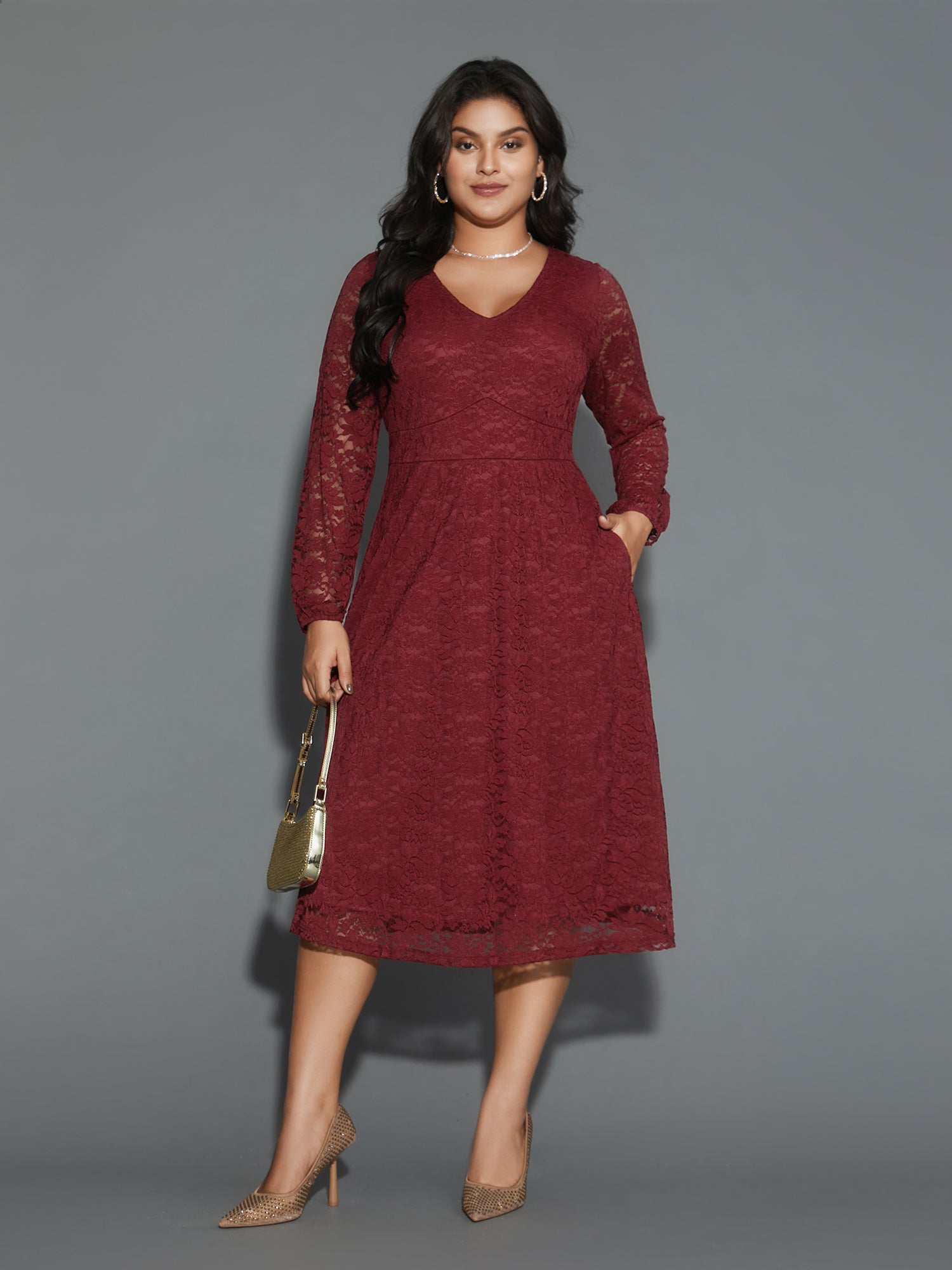Solid Lace Patchwork Lantern Sleeve Dress