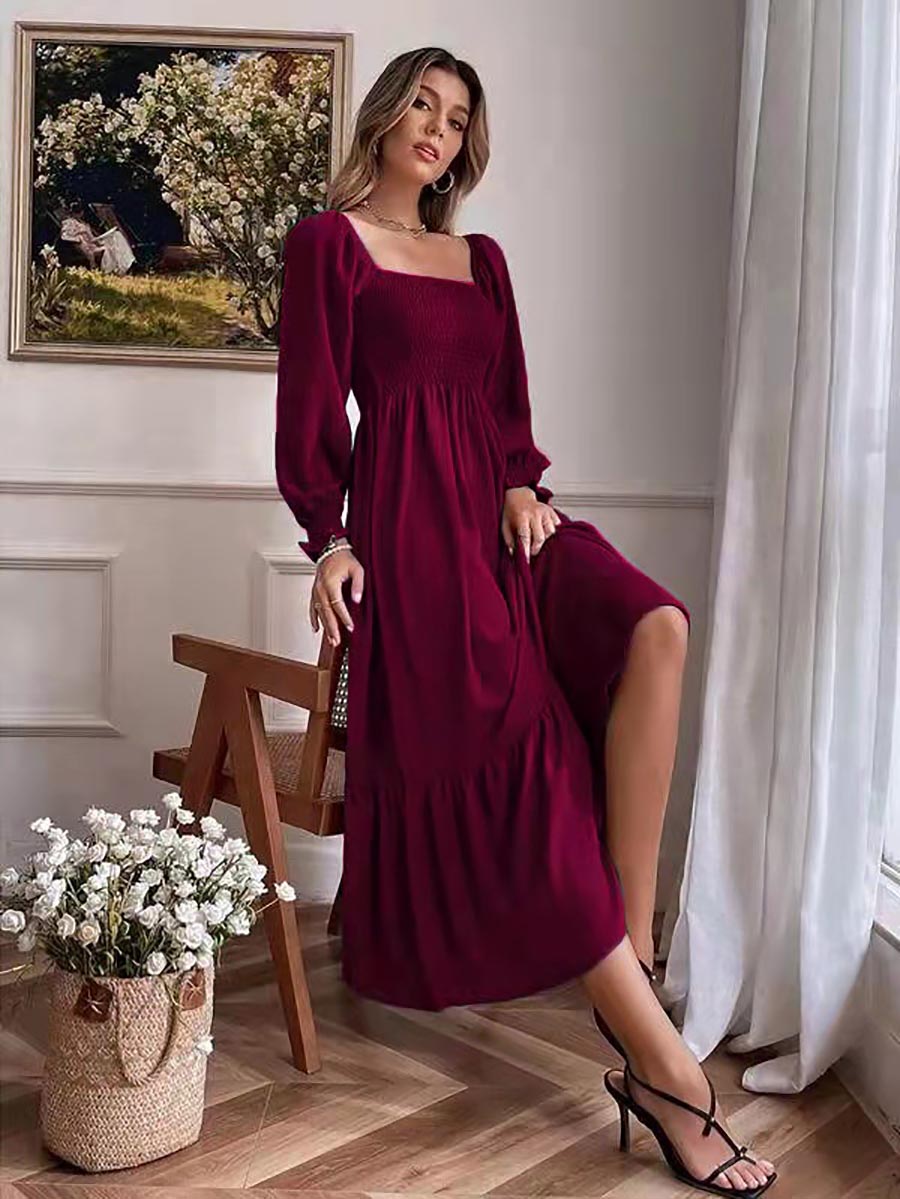 Square Neck Long Sleeve Ruffle High Waist Dress (5 colors)