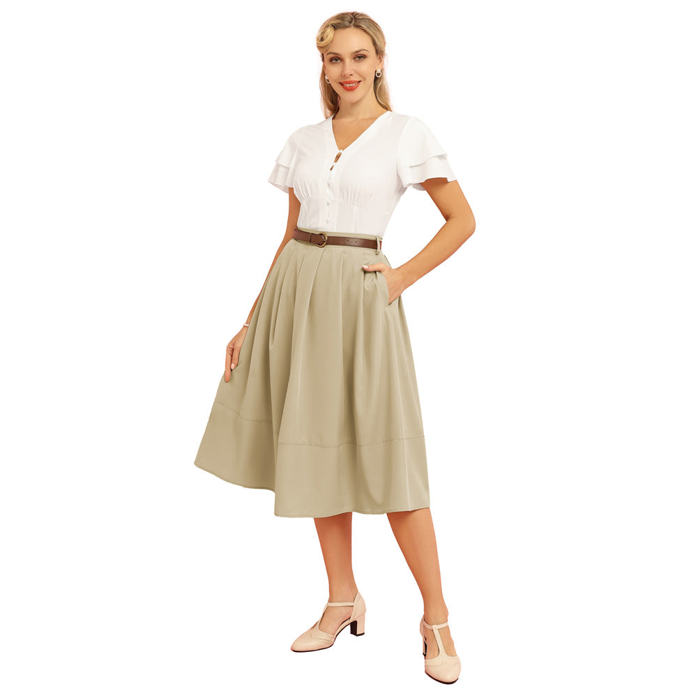 Pleated Swing Skirt with Belt Elastic High Waist A-Line Midi Skirt