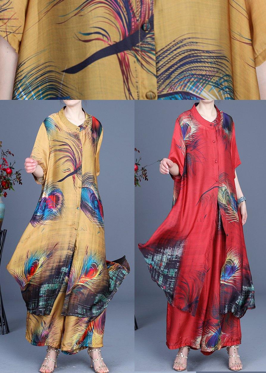 Summer 2021 Loose Silk Red Print Coat + Two Piece Pants