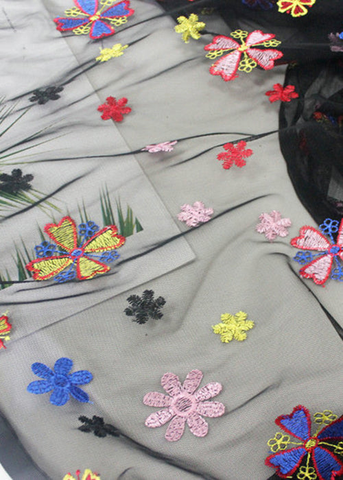 Black Embroidered Elastic Waist Tulle Skirt Summer