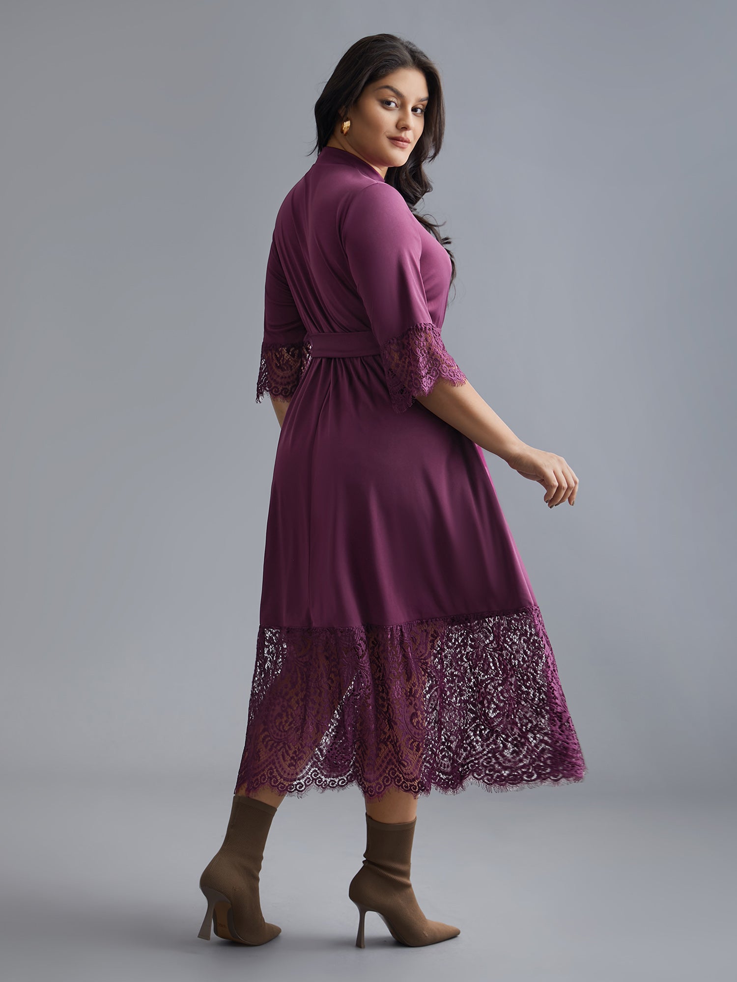 Mock Neck Crochet Lace Belted Dress