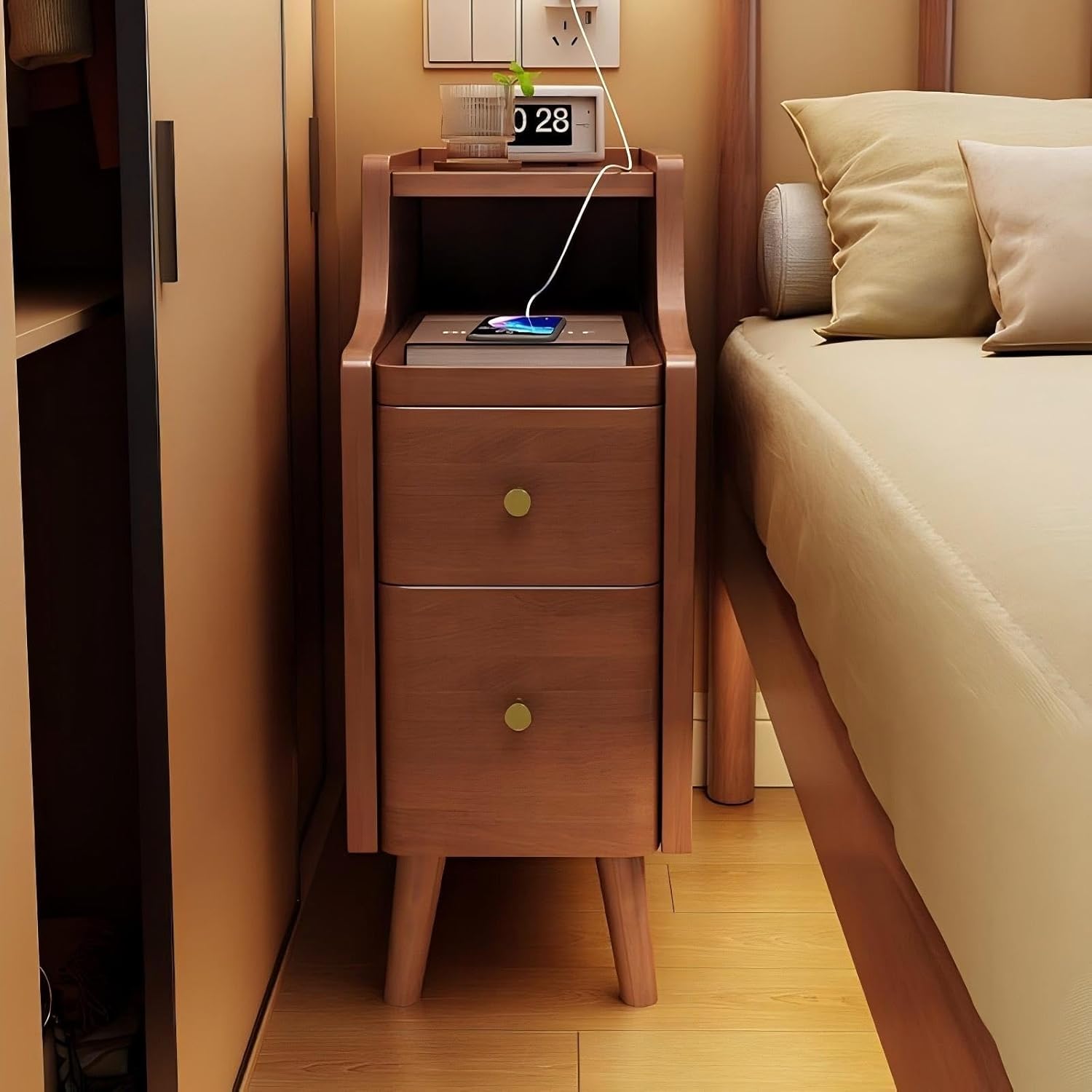 Small Nightstand Wooden Narrow Side Table，Narrow Bed End Table with 2 Drawers