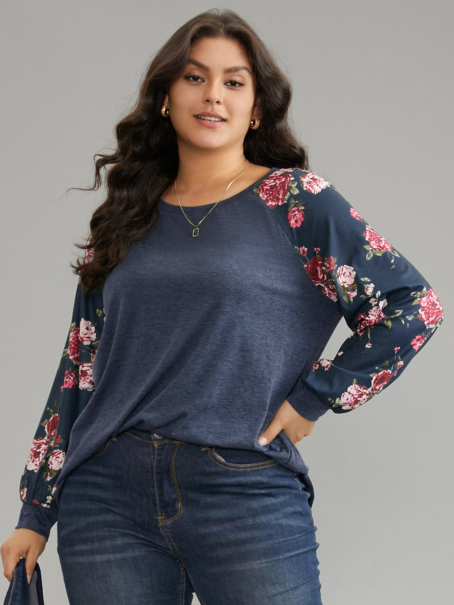 Floral Patchwork Crew Neck Raglan Sleeve T-shirt