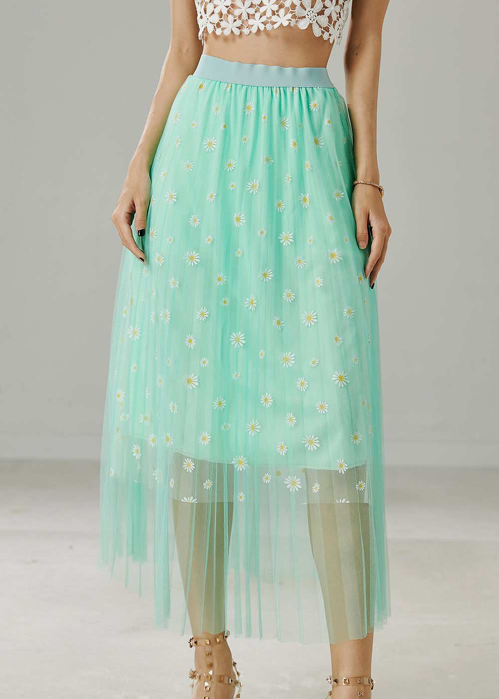 Green Tulle Beach Skirts Chrysanthemum Embroidered Summer