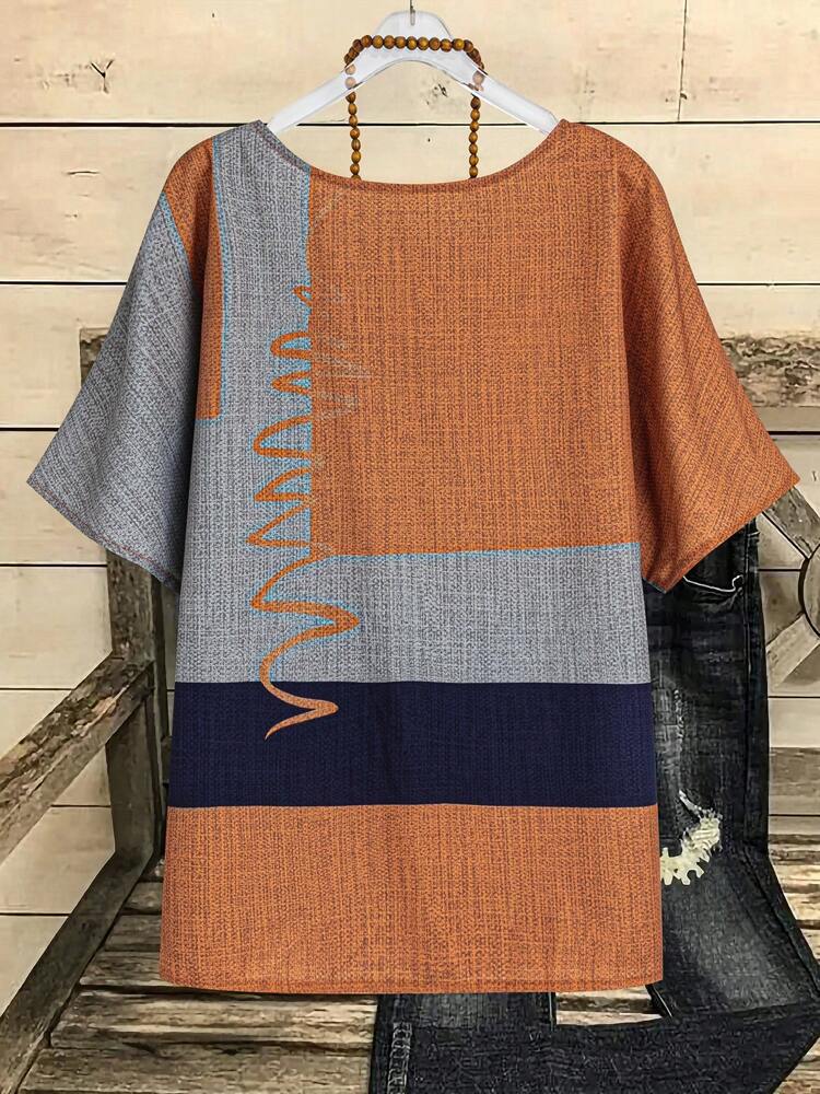 Women's Summer Printed Round Neck Short Sleeve Casual Shirt