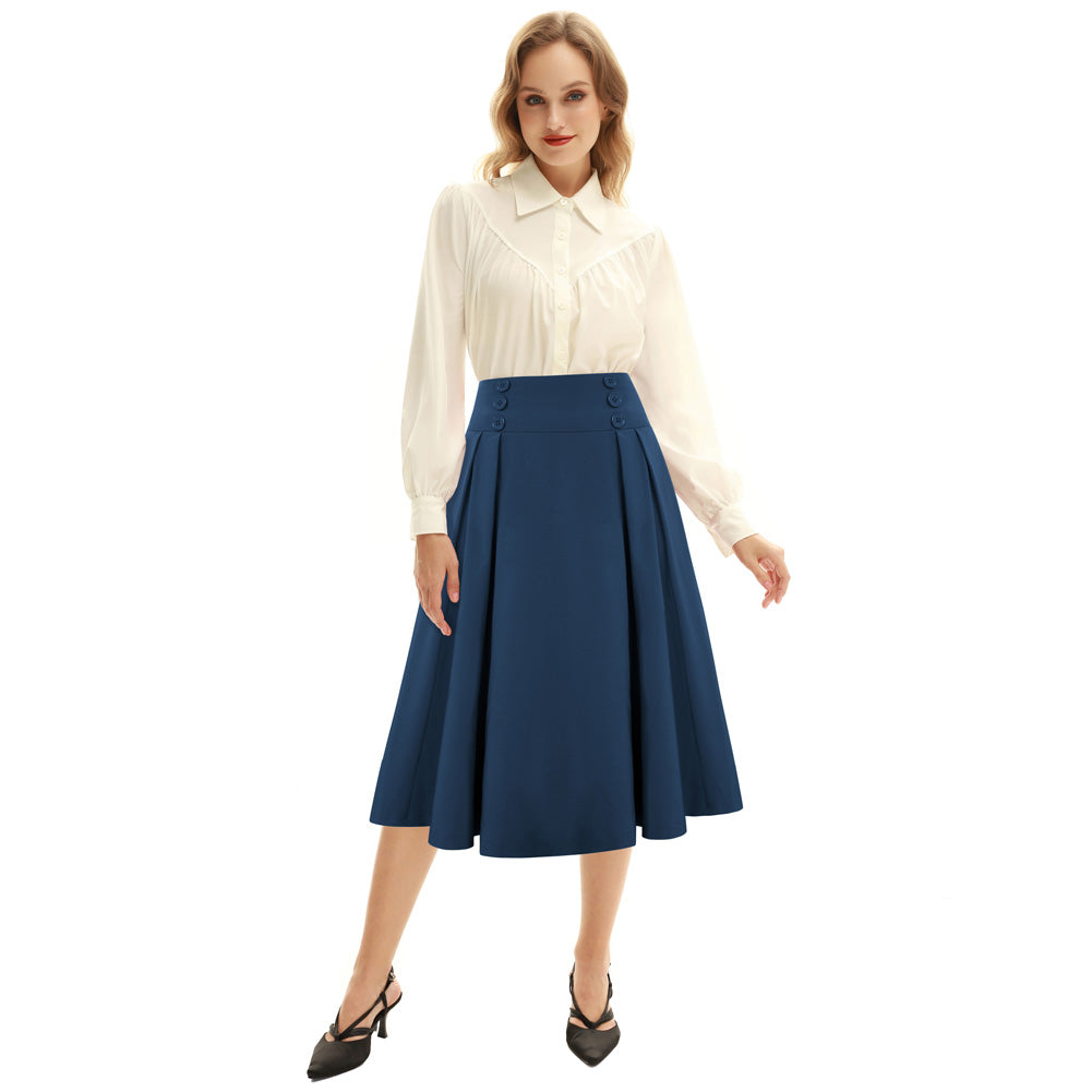 Pleated Buttons Decorated Elastic Waist High Waist Swing A-Line Skirt with Pocket