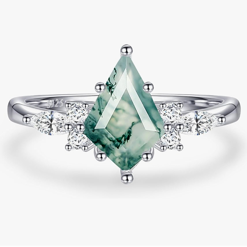 Fashion Double Layered Rings Jewelry 925 Sterling Silver Pave Cz Geometric Moss Agate Rings for Women