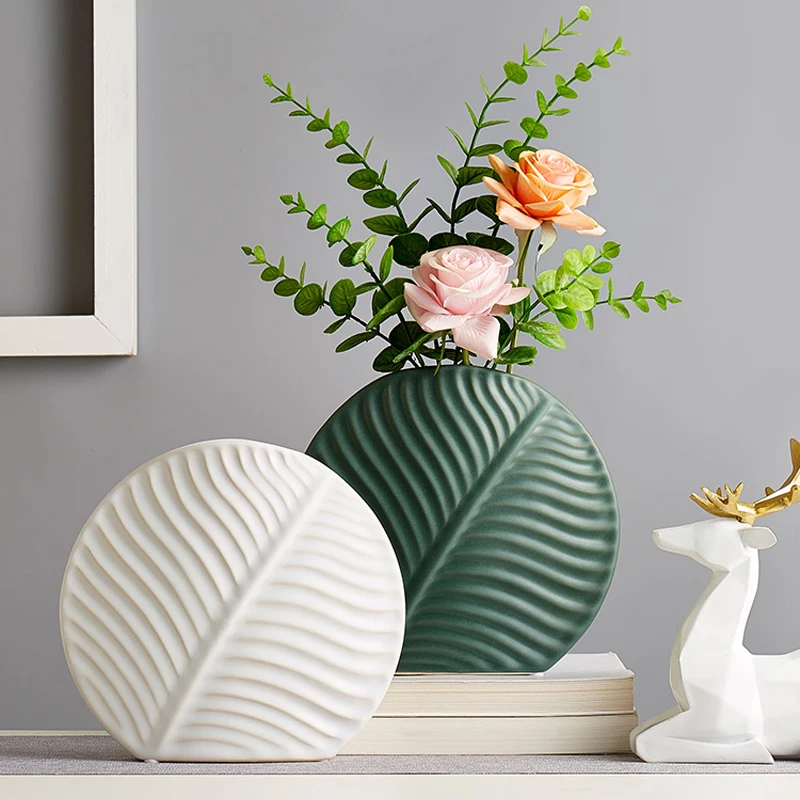 Ceramic Leaf Vase Living Room Decorations Flower Arrangement Vase Desktop Creativity Green Leaves Floral Ornaments