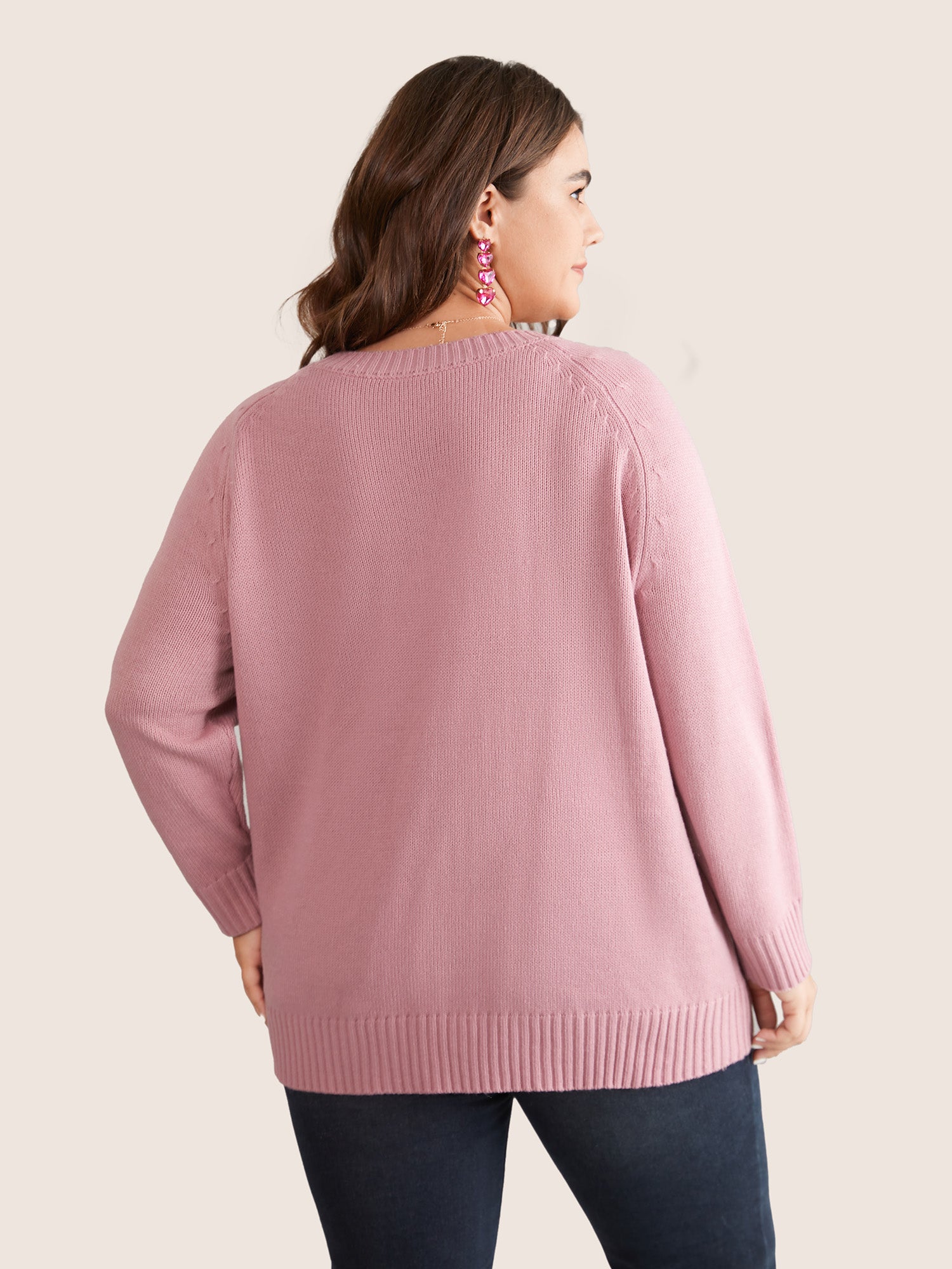 Heart Cable Knit Two Tone Raglan Sleeve Pullover
