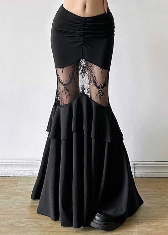 Black Tulle Patchwork High Waisted Wrap Buttocks Fishtail Skirt