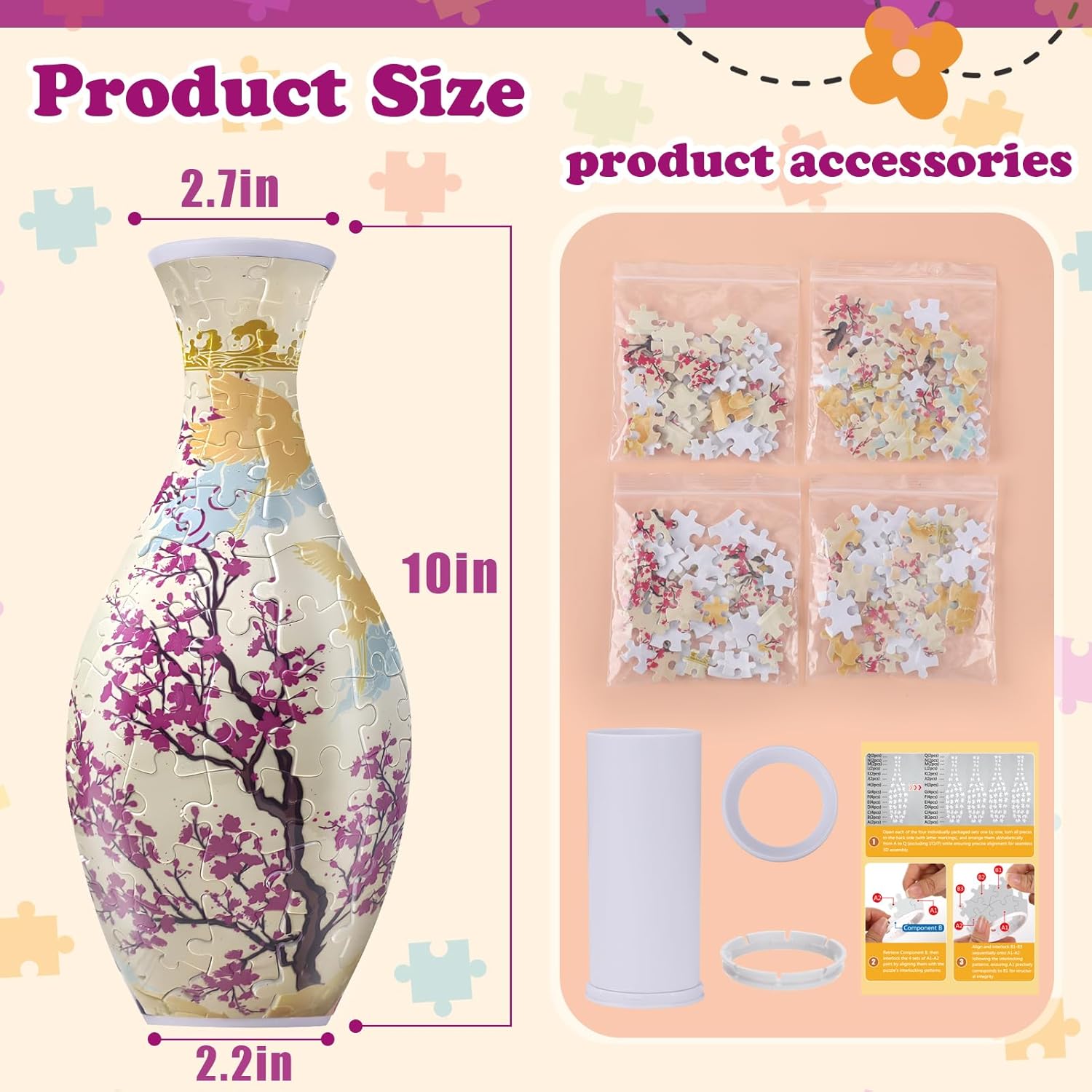 Unique 3D Puzzle - 160 Pieces of Puzzle Flower Vase, Plum Blossom Themed Art Projects Gift