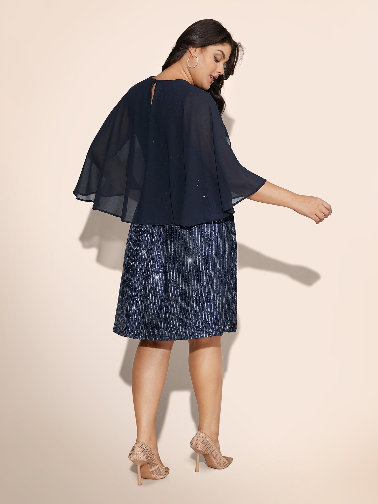 Sequin With Mesh Cape Dress
