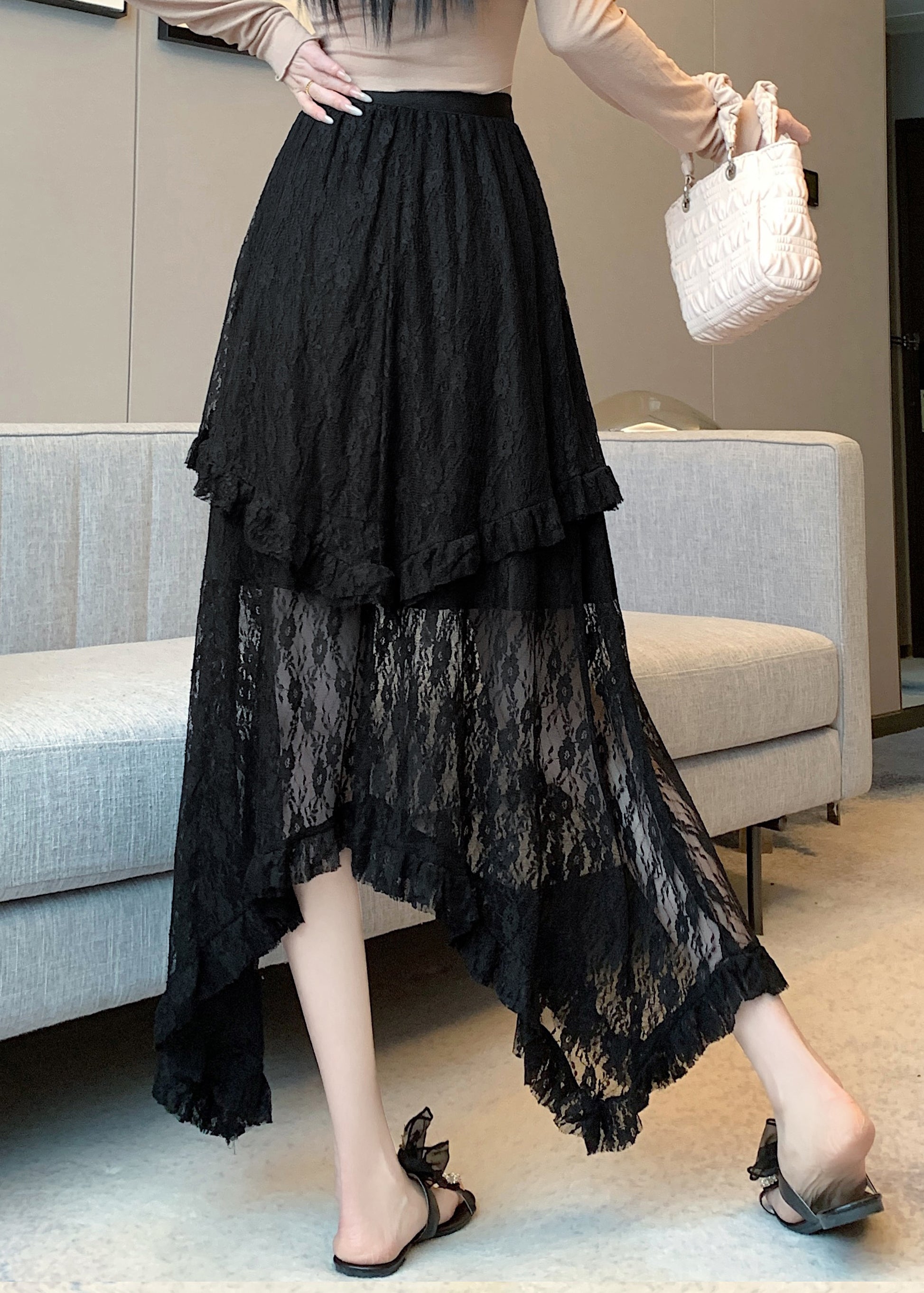 Black Asymmetrical Patchwork Lace Skirts Summer