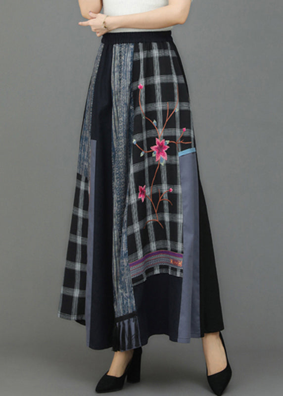 Retro Embroidered Floral Pockets Plaid Patchwork Elastic Waist Skirts Fall