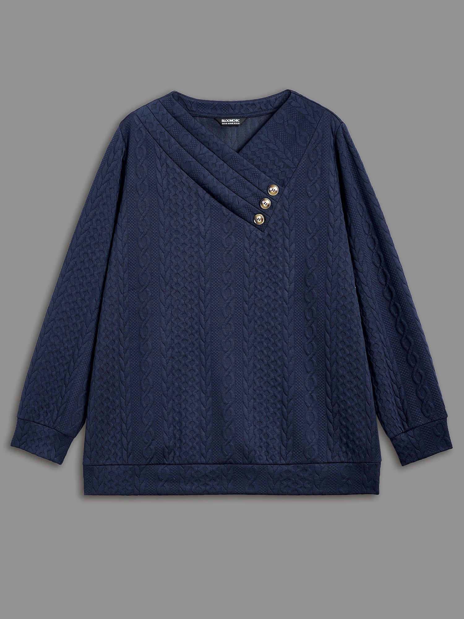 Overlap Collar Textured Button Detail Sweatshirt