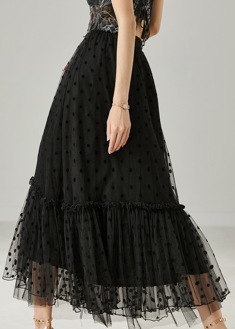 Black Patchwork Tulle Skirt Ruffled Print Summer
