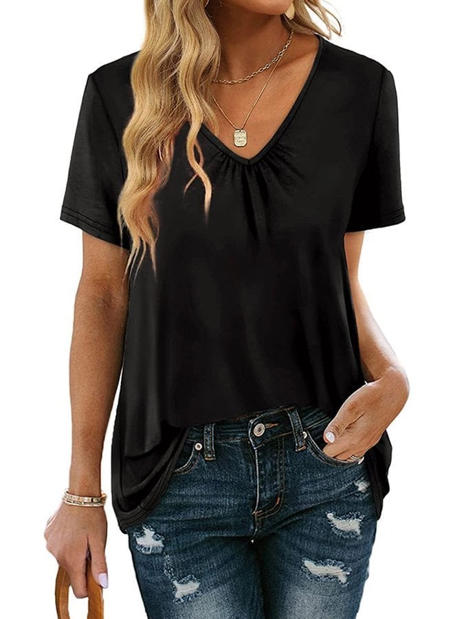 Women's V-Neck Gathered Loose Short Sleeve T-Shirt