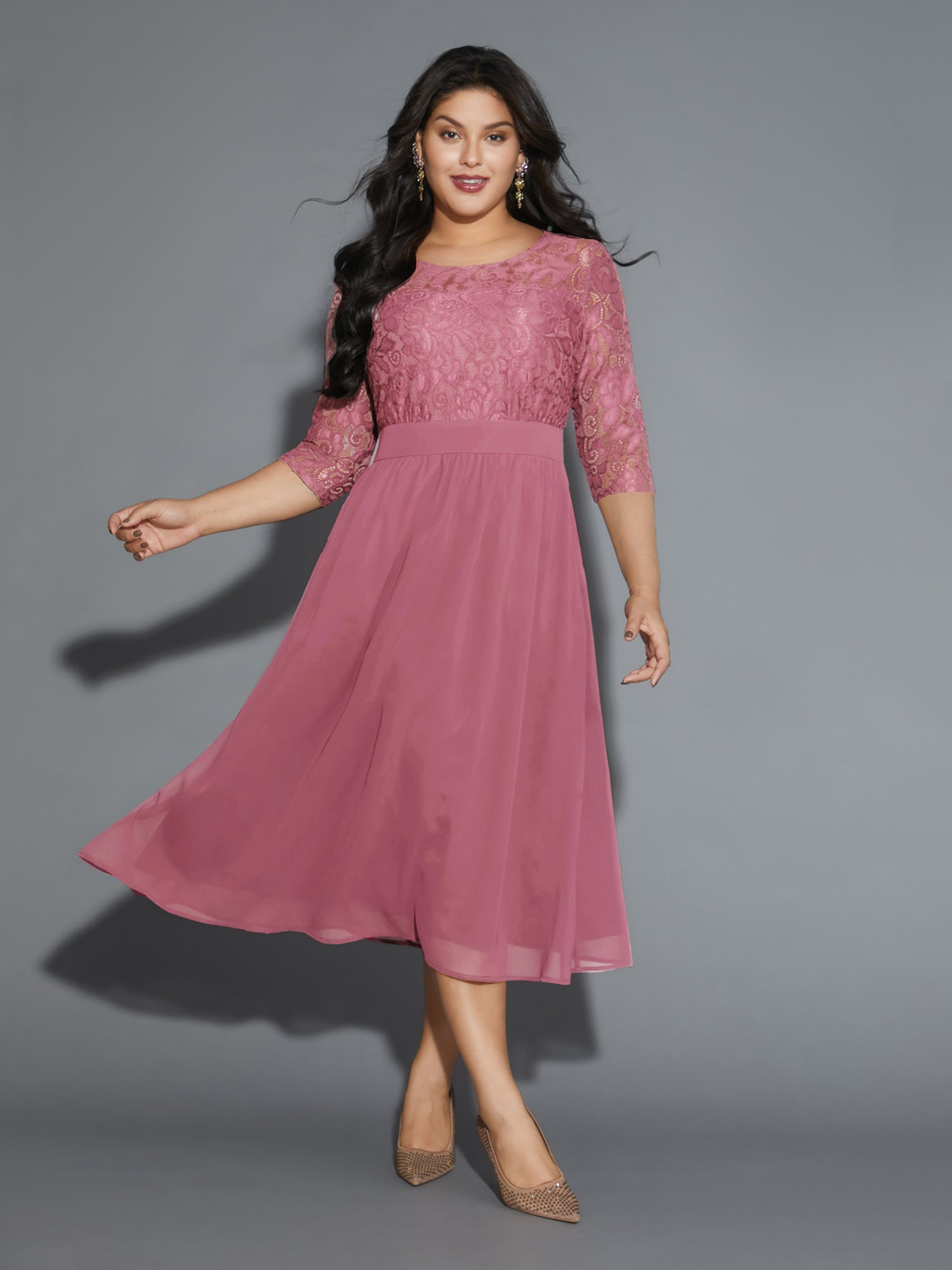 Lace Patchwork Shirred Midi Pocket Dress