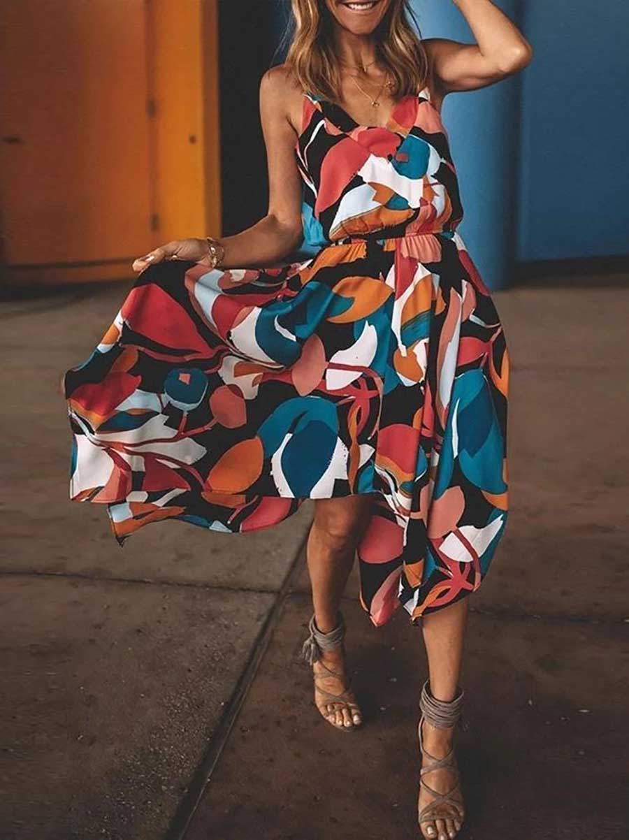 Spaghetti Straps Printed Multicolor Midi Dress