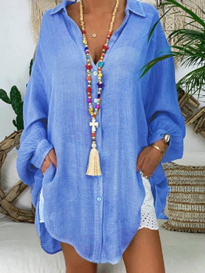 Ladies Spring/Summer Solid Color Casual Long Sleeve Shirt