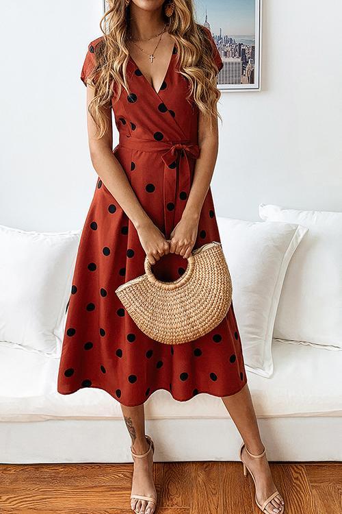 Dot Print V Neck Sleeveless Dress