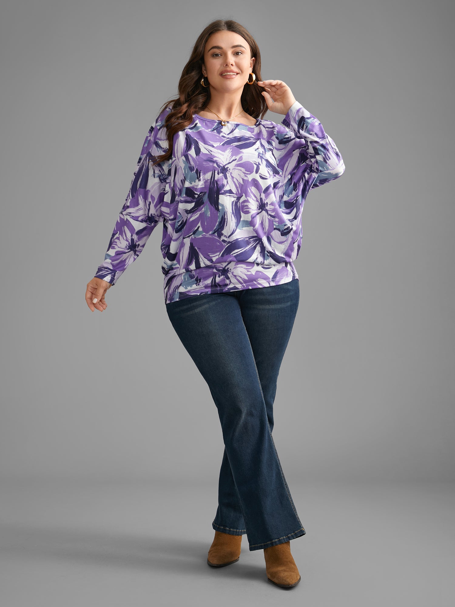 Watercolor Floral Boat Neck Batwing Sleeve Top