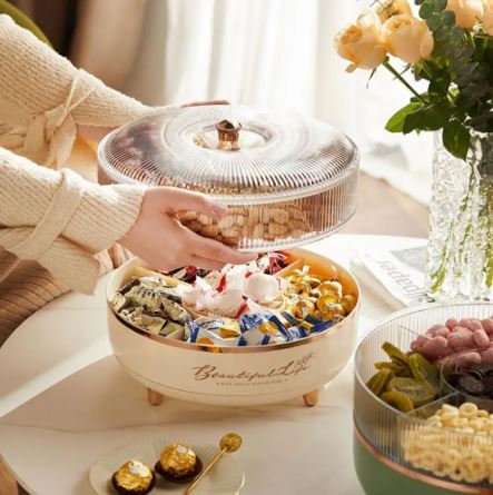 5 Grid Snack Plate With Lid Moisture-Proof 360 Rotating Candy Nut Storage Plate