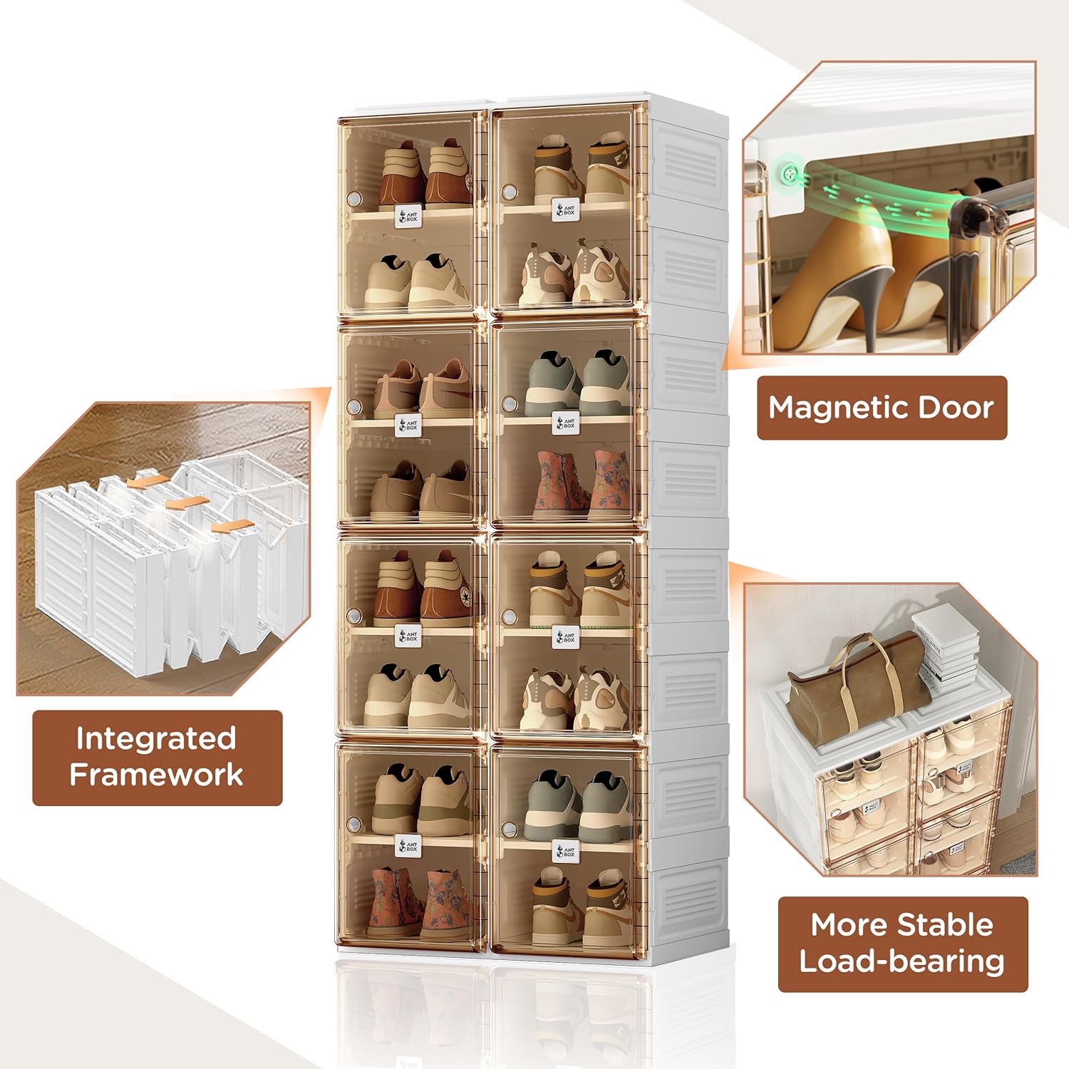 ANTBOX Shoe Organizer Storage Box, Portable Folding Shoe Rack For Closet With Magnetic Clear Door