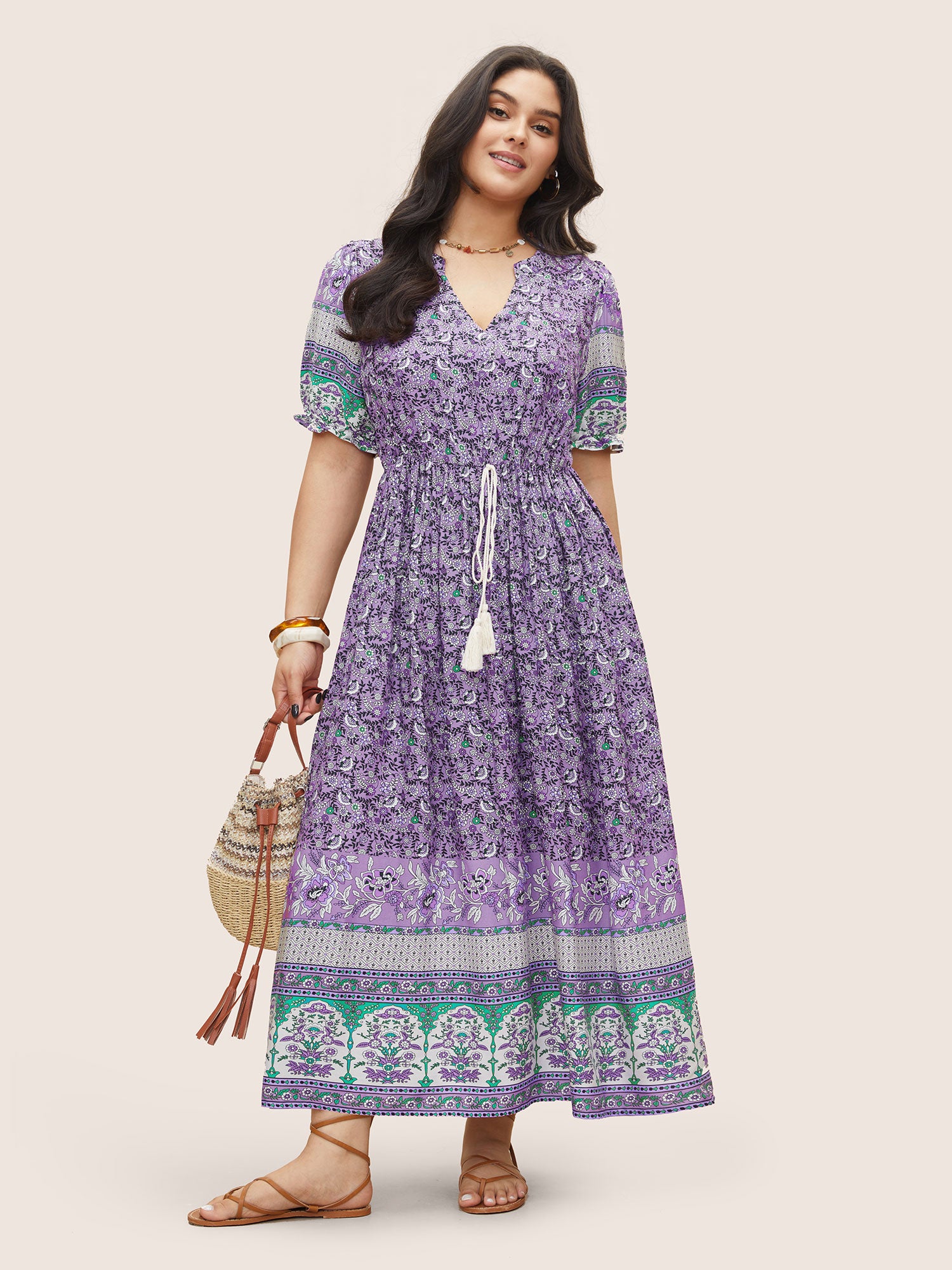 Boho Print Notched Ties Tassel Trim Dress