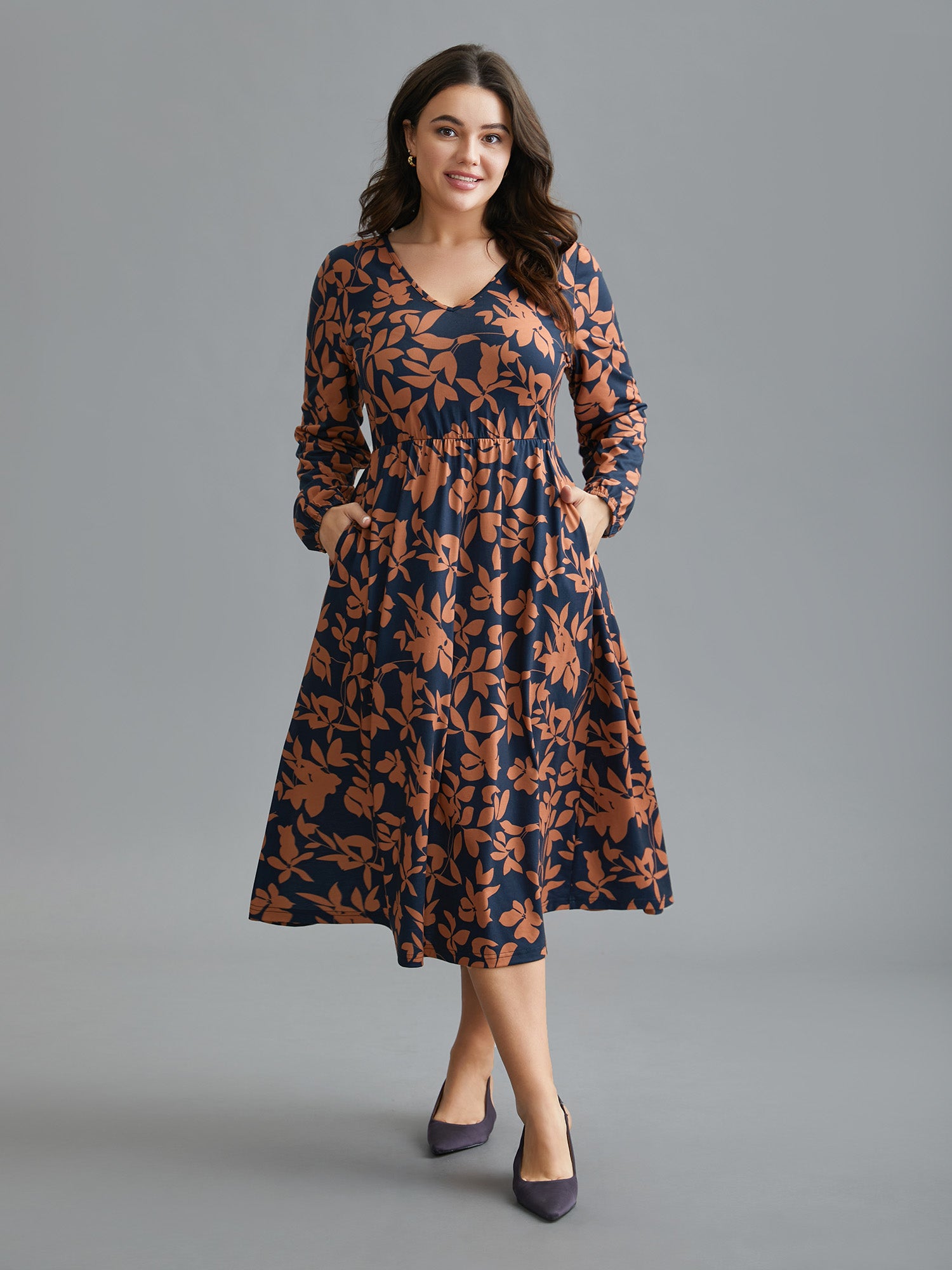 Autumn Leaves Print Fit-and-Flare Midi Dress
