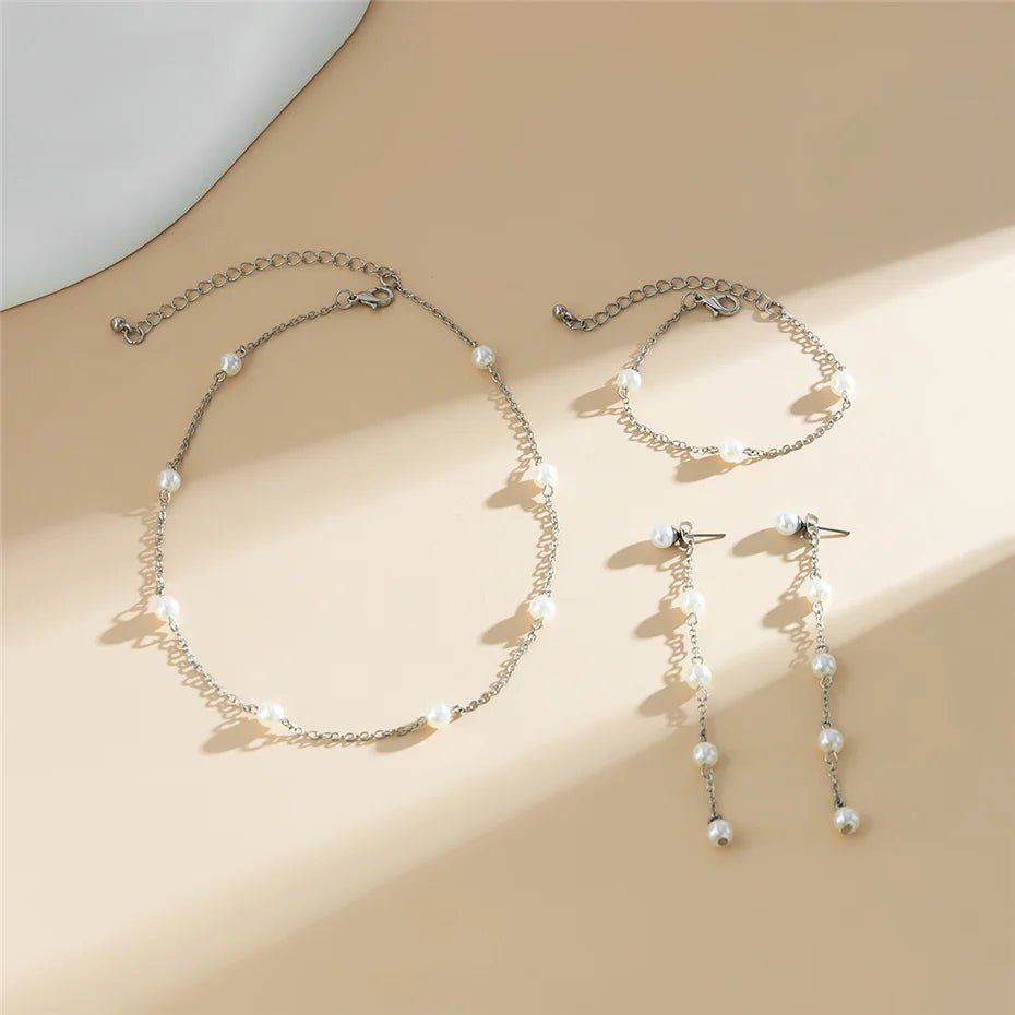 Dainty Chain Pearl Bracelet. Necklace. and Earring Set