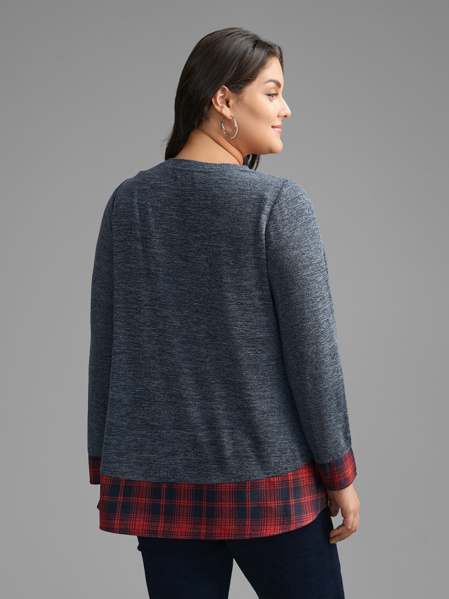 Round Neck Plaid Patchwork Heather T-shirt