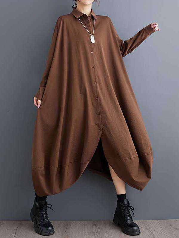 A-Line Long Sleeves Buttoned Pockets Solid Color Split-Joint Lapel Midi Dresses Shirt Dress