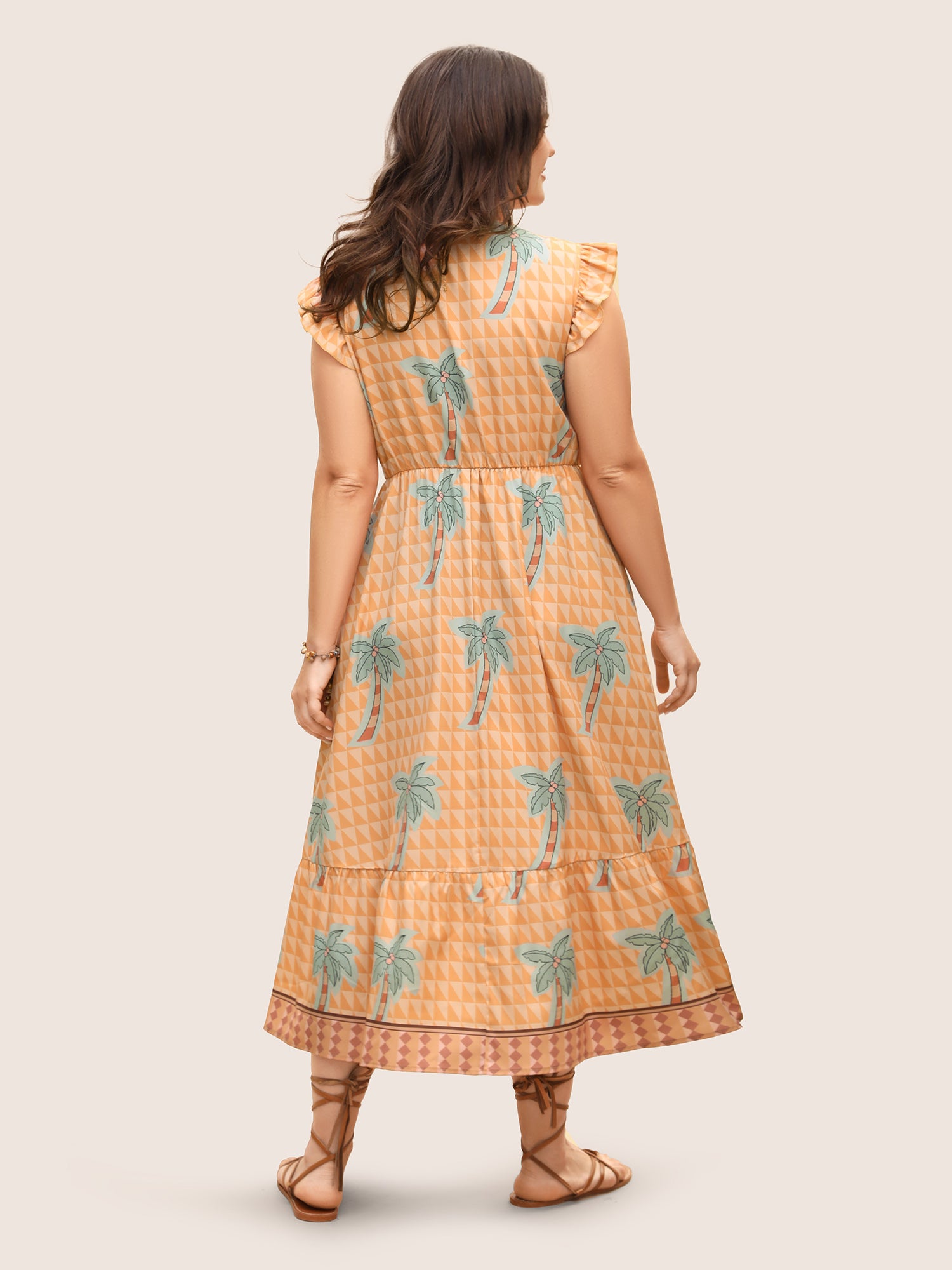 Tropical Print Tie Knot Ruffle Cap Sleeve Dress