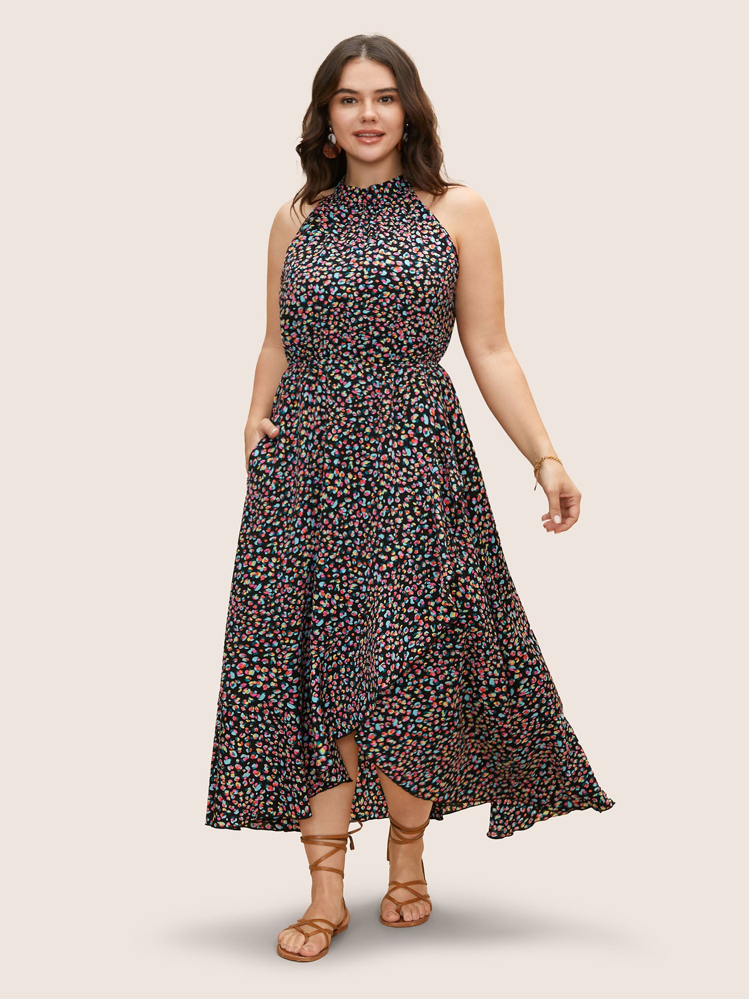 Allover Print Halter Neck Wrap Hem Dress