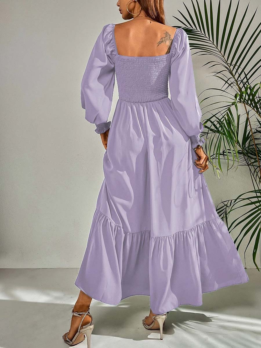 Square Neck Long Sleeve Ruffle High Waist Dress (5 colors)