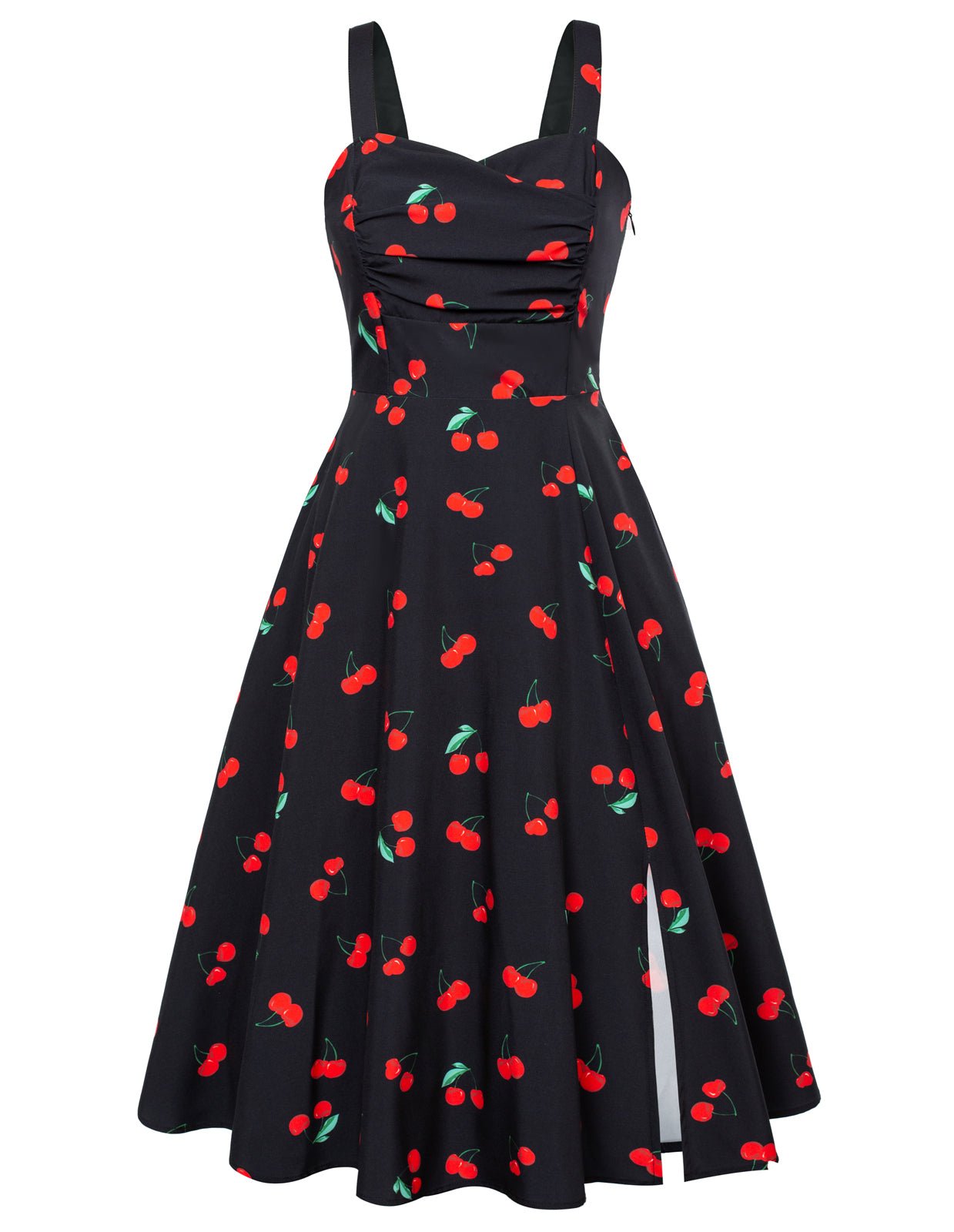 Vintage Leaf Patterns Cocktail Dress Sleeveless Spaghetti Strap Ruched Slit A Line Swing Dress with Pockets